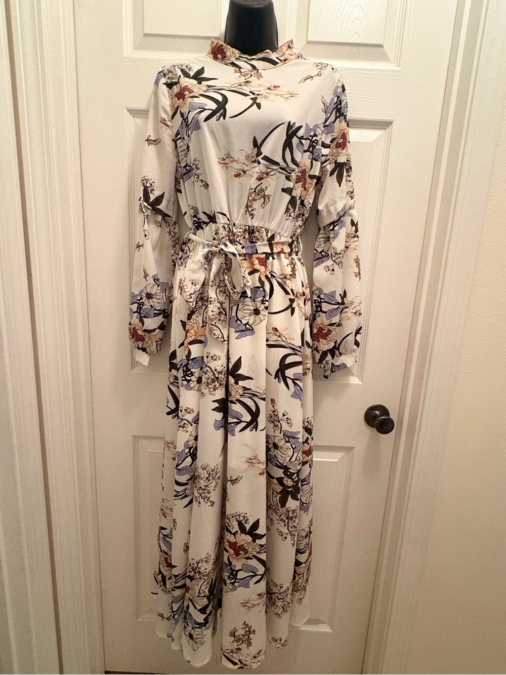 Floral Midi Dress M Ivory Blue Mock Neck Belted Long Sleeve SHEIN